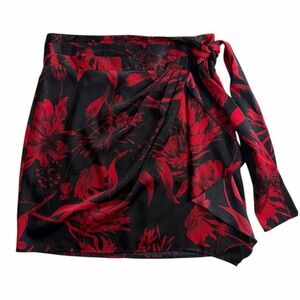 Zara Crimson & Black Floral Satin Mini Skirt Goth Whimsigoth Tie Wrap Bow Small